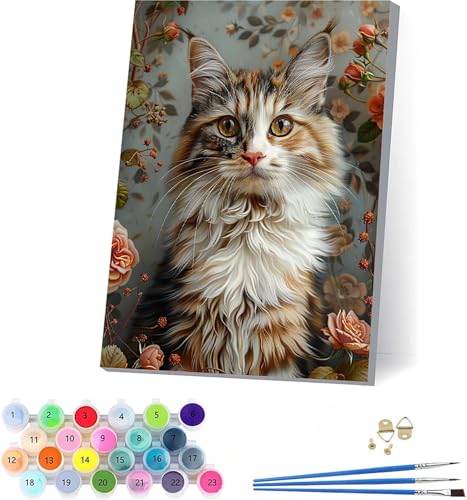 Katze Malen Nach Zahlen Erwachsene Mit Rahmen, Malen Nach Zahlen Blume, DIY Set Erwachsene Mit 3 Pinseln und Acrylfarbe, Paint by Numbers für Deko Wohnzimmer, Geschenke für Frauen 70x95cm H-9917 von KUEAJIOU