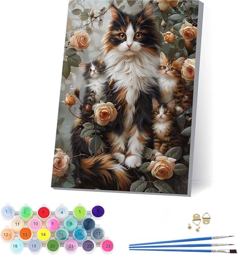 Katze Malen Nach Zahlen Erwachsene Mit Rahmen, Malen Nach Zahlen Blume, DIY Set Erwachsene Mit 3 Pinseln und Acrylfarbe, Paint by Numbers für Deko Wohnzimmer, Geschenke für Frauen 70x95cm K-7742 von KUEAJIOU