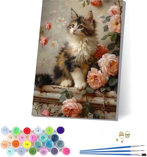 Katze Malen Nach Zahlen Erwachsene Mit Rahmen, Malen Nach Zahlen Blume, DIY Set Erwachsene Mit 3 Pinseln und Acrylfarbe, Paint by Numbers für Deko Wohnzimmer, Geschenke für Frauen 70x95cm T-2768 von KUEAJIOU