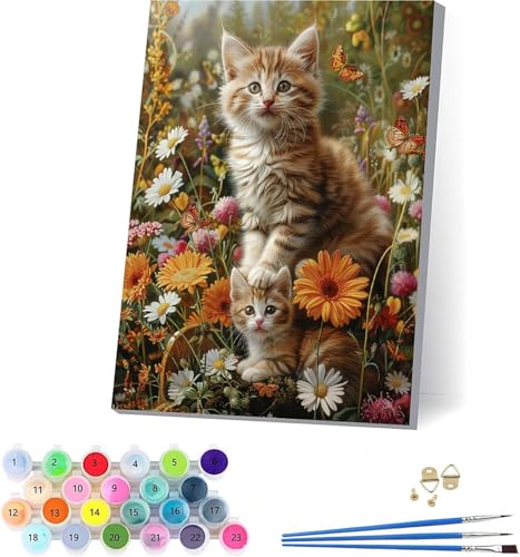 Katze Malen Nach Zahlen Erwachsene Mit Rahmen, Malen Nach Zahlen Blume, DIY Set Erwachsene Mit 3 Pinseln und Acrylfarbe Knitterfreie Leinwand, Paint by Numbers für Deko Wohnzimmer 100x130cm 0-6977 von KUEAJIOU
