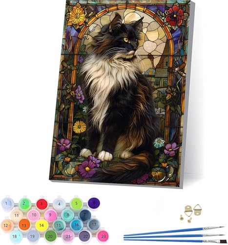 Katze Malen Nach Zahlen Erwachsene Mit Rahmen, Malen Nach Zahlen Blume, DIY Set Erwachsene Mit 3 Pinseln und Acrylfarbe Knitterfreie Leinwand, Paint by Numbers für Deko Wohnzimmer 100x130cm 8-1857 von KUEAJIOU