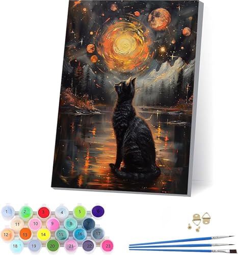 Katze Malen Nach Zahlen Erwachsene Mit Rahmen, Malen Nach Zahlen Landschaft, DIY Set Erwachsene Mit 3 Pinseln und Acrylfarbe Knitterfreie Leinwand, Paint by Numbers für Deko Wohnzimmer 70x95cm Q-2189 von KUEAJIOU
