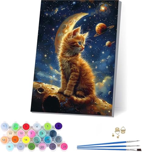 Katze Malen Nach Zahlen Erwachsene Mit Rahmen, Malen Nach Zahlen Planet, DIY Set Erwachsene Mit 3 Pinseln und Acrylfarbe, Paint by Numbers für Deko Wohnzimmer, Geschenke für Frauen 70x95cm 4-6930 von KUEAJIOU