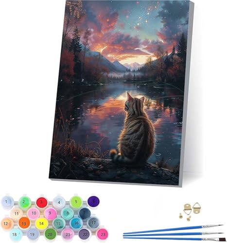 Katze Malen Nach Zahlen Erwachsene Mit Rahmen, Malen Nach Zahlen Rivers, DIY Set Erwachsene Mit 3 Pinseln und Acrylfarbe Knitterfreie Leinwand, Paint by Numbers für Deko Wohnzimmer 70x95cm 8-5939 von KUEAJIOU