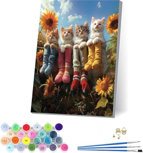 Katze Malen Nach Zahlen Erwachsene Mit Rahmen, Malen Nach Zahlen Sonnenblume, DIY Set Erwachsene Mit 3 Pinseln und Acrylfarbe, Paint by Numbers für Deko Wohnzimmer, Geschenke für Frauen 70x95cm 6-4187 von KUEAJIOU