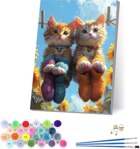 Katze Malen Nach Zahlen Erwachsene Mit Rahmen, Malen Nach Zahlen Sonnenblume, DIY Set Erwachsene Mit 3 Pinseln und Acrylfarbe, Paint by Numbers für Deko Wohnzimmer, Geschenke für Frauen 70x95cm T-3686 von KUEAJIOU