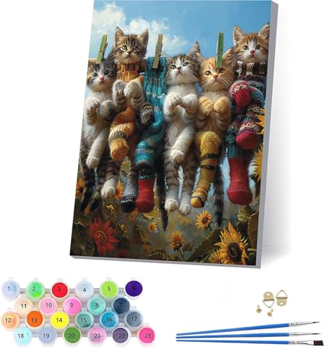 Katze Malen Nach Zahlen Erwachsene Mit Rahmen, Malen Nach Zahlen Sonnenblume, DIY Set Erwachsene Mit 3 Pinseln und Acrylfarbe Knitterfreie Leinwand, Paint by Numbers für Deko Wohnzimmer 70x95cm A-3783 von KUEAJIOU