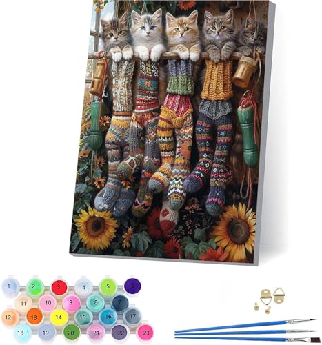 Katze Malen Nach Zahlen Erwachsene Mit Rahmen, Malen Nach Zahlen Sonnenblume, DIY Set Erwachsene Mit 3 Pinseln und Acrylfarbe Knitterfreie Leinwand, Paint by Numbers für Deko Wohnzimmer 70x95cm O-8790 von KUEAJIOU