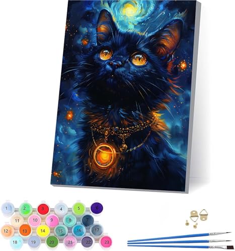 Katze Malen Nach Zahlen Erwachsene Mit Rahmen, Malen Nach Zahlen Sternenhimmel, DIY Set Erwachsene Mit 3 Pinseln und Acrylfarbe Knitterfreie Leinwand, Deko Wohnzimmer und Wanddeko 70x95cm X-7524 von KUEAJIOU
