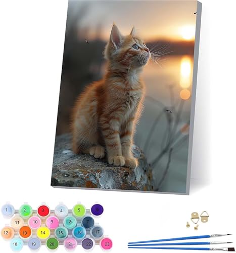 Katze Malen Nach Zahlen Erwachsene Mit Rahmen, Malen Nach Zahlen Tier, DIY Set Erwachsene Mit 3 Pinseln und Acrylfarbe Knitterfreie Leinwand, Paint by Numbers für Deko Wohnzimmer 70x95cm 8-4089 von KUEAJIOU