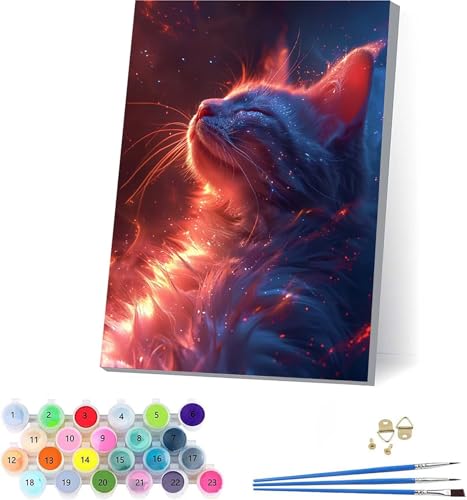 Katze Malen Nach Zahlen Erwachsene Mit Rahmen, Malen Nach Zahlen Traum, DIY Set Erwachsene Mit 3 Pinseln und Acrylfarbe, Paint by Numbers für Deko Wohnzimmer, Geschenke für Frauen 50x65cm 2-5999 von KUEAJIOU