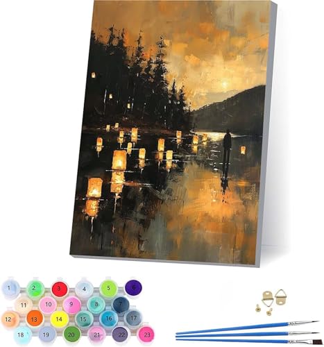 Laterne Malen Nach Zahlen Erwachsene Mit Rahmen, Malen Nach Zahlen Landschaft, DIY Set Erwachsene Mit 3 Pinseln und Acrylfarbe Knitterfreie Leinwand, Deko Wohnzimmer und Wanddeko 70x95cm O-9306 von KUEAJIOU