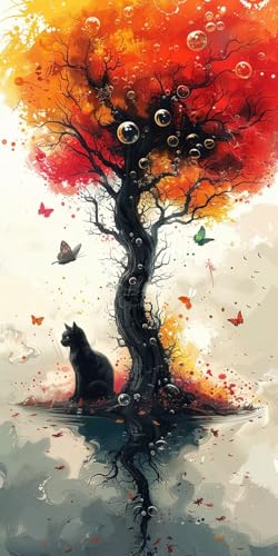 Malen Nach Zahlen Erwachsene Baum, Malen Nach Zahlen Katze, Paint by Numbers mit Pinseln und Acrylfarben, DIY Handgemalt Ölgemälde Kit für Deko Wohnzimmer und Wohnzimmer Deko Geschenke 40x70cm V-6023 von KUEAJIOU