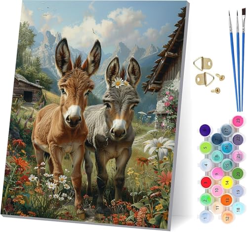 Malen Nach Zahlen Erwachsene Esel Malen Nach Zahlen, DIY Set Erwachsene Tier, Paint by Numbers Kits mit 3 Pinseln und Pigment, für Deko Wohnzimmer und Wanddeko, Geschenke für Frauen 40x50cm E-1932 von KUEAJIOU