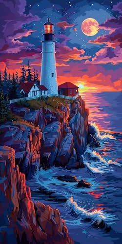 Malen Nach Zahlen Erwachsene Sonnenuntergang, Malen Nach Zahlen Leuchtturm, Paint by Numbers mit Pinseln, DIY Handgemalt Ölgemälde Kit für Deko Wohnzimmer Geschenke und Wohnzimmer Deko 30x60cm 4-3228 von KUEAJIOU