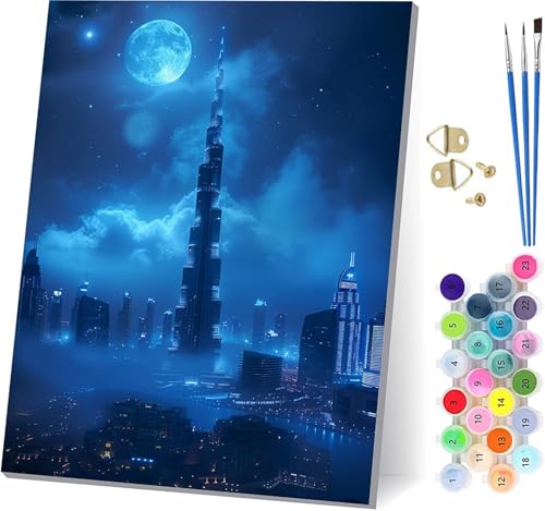 Malen Nach Zahlen Erwachsene Stadt Malen Nach Zahlen, DIY Set Erwachsene Mond, Paint by Numbers Kits mit 3 Pinseln und Pigment, für Deko Wohnzimmer und Wanddeko, Geschenke für Frauen 30x40cm F-7005 von KUEAJIOU