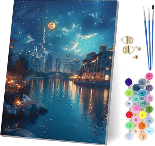 Malen Nach Zahlen Erwachsene Stadt Malen Nach Zahlen, DIY Set Erwachsene Mond, Paint by Numbers Kits mit 3 Pinseln und Pigment, für Deko Wohnzimmer und Wanddeko, Geschenke für Frauen 40x50cm 1-9834 von KUEAJIOU