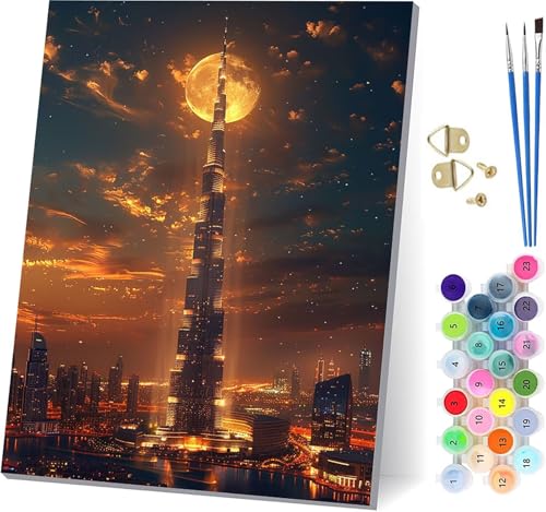 Malen Nach Zahlen Erwachsene Stadt Malen Nach Zahlen, DIY Set Erwachsene Mond, Paint by Numbers Kits mit 3 Pinseln und Pigment, für Deko Wohnzimmer und Wanddeko, Geschenke für Frauen 70x95cm O-2028 von KUEAJIOU