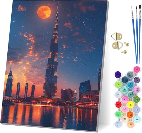 Malen Nach Zahlen Erwachsene Stadt Malen Nach Zahlen, DIY Set Erwachsene Sternenhimmel, Paint by Numbers Kits mit 3 Pinseln und Pigment, für Deko Wohnzimmer und Wanddeko Geschenke 50x65cm L-6978 von KUEAJIOU