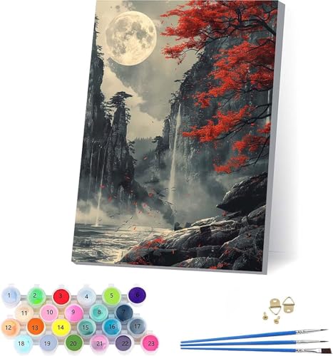 Mond Malen Nach Zahlen Erwachsene Mit Rahmen, Malen Nach Zahlen Baum, DIY Set Erwachsene Mit 3 Pinseln und Acrylfarbe Knitterfreie Leinwand, Paint by Numbers für Deko Wohnzimmer 40x50cm V-7562 von KUEAJIOU