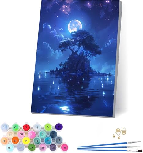 Mond Malen Nach Zahlen Erwachsene Mit Rahmen, Malen Nach Zahlen Baum, DIY Set Erwachsene Mit 3 Pinseln und Acrylfarbe Knitterfreie Leinwand, Paint by Numbers für Deko Wohnzimmer 70x95cm 2-5441 von KUEAJIOU