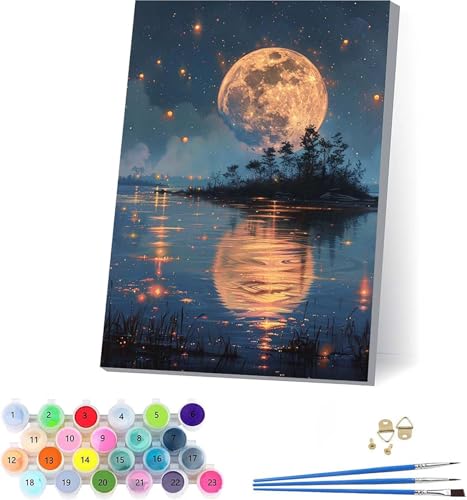 Mond Malen Nach Zahlen Erwachsene Mit Rahmen, Malen Nach Zahlen Baum, DIY Set Erwachsene Mit 3 Pinseln und Acrylfarbe Knitterfreie Leinwand, Paint by Numbers für Deko Wohnzimmer 70x95cm 7-7653 von KUEAJIOU