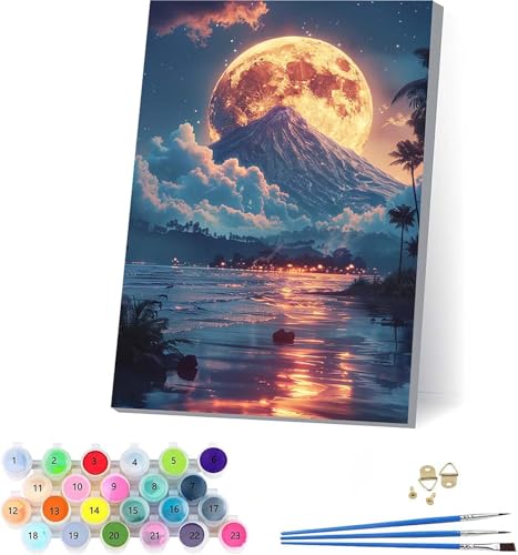 Mond Malen Nach Zahlen Erwachsene Mit Rahmen, Malen Nach Zahlen Berg, DIY Set Erwachsene Mit 3 Pinseln und Acrylfarbe, Paint by Numbers für Deko Wohnzimmer, Geschenke für Frauen 50x65cm 9-9565 von KUEAJIOU