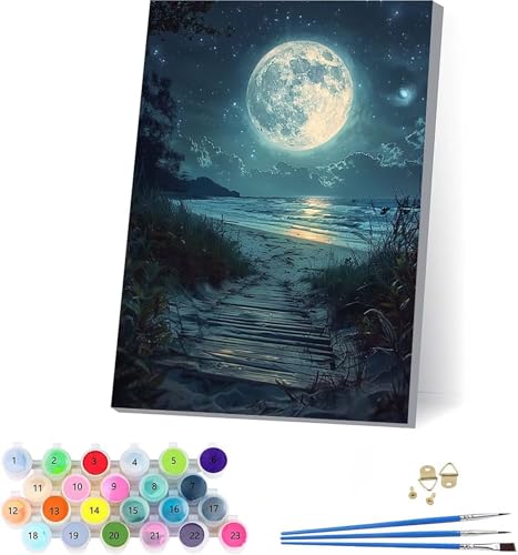 Mond Malen Nach Zahlen Erwachsene Mit Rahmen, Malen Nach Zahlen Landschaft, DIY Set Erwachsene Mit 3 Pinseln und Acrylfarbe, Paint by Numbers für Deko Wohnzimmer, Geschenke für Frauen 30x40cm I-4555 von KUEAJIOU