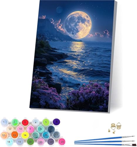 Mond Malen Nach Zahlen Erwachsene Mit Rahmen, Malen Nach Zahlen Landschaft, DIY Set Erwachsene Mit 3 Pinseln und Acrylfarbe, Paint by Numbers für Deko Wohnzimmer, Geschenke für Frauen 30x40cm J-1065 von KUEAJIOU