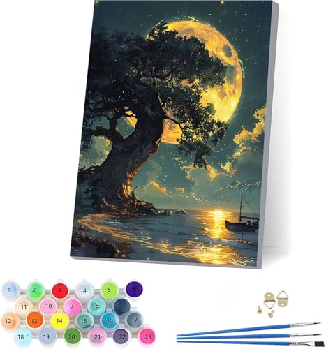 Mond Malen Nach Zahlen Erwachsene Mit Rahmen, Malen Nach Zahlen Landschaft, DIY Set Erwachsene Mit 3 Pinseln und Acrylfarbe, Paint by Numbers für Deko Wohnzimmer, Geschenke für Frauen 40x50cm P-5007 von KUEAJIOU
