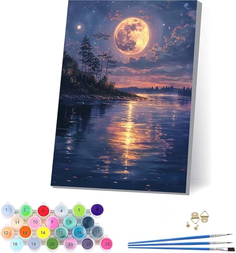 Mond Malen Nach Zahlen Erwachsene Mit Rahmen, Malen Nach Zahlen Landschaft, DIY Set Erwachsene Mit 3 Pinseln und Acrylfarbe Knitterfreie Leinwand, Paint by Numbers für Deko Wohnzimmer 100x130cm Q-9065 von KUEAJIOU