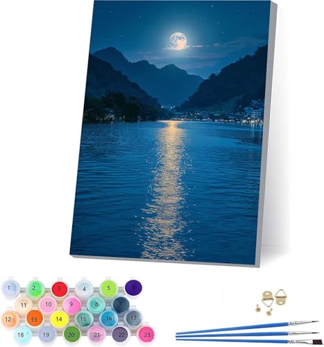 Mond Malen Nach Zahlen Erwachsene Mit Rahmen, Malen Nach Zahlen Landschaft, DIY Set Erwachsene Mit 3 Pinseln und Acrylfarbe Knitterfreie Leinwand, Paint by Numbers für Deko Wohnzimmer 40x50cm 1-8433 von KUEAJIOU