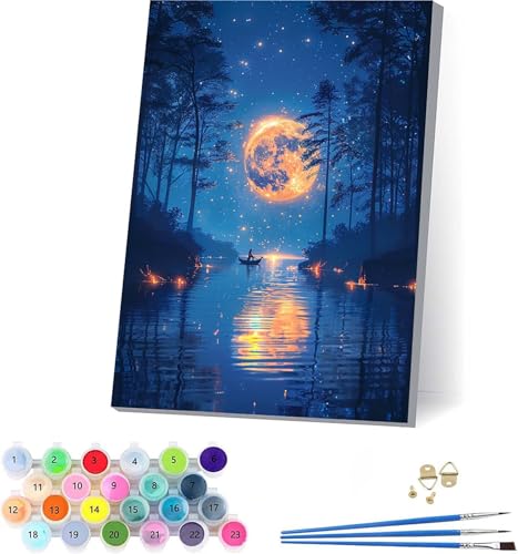 Mond Malen Nach Zahlen Erwachsene Mit Rahmen, Malen Nach Zahlen Landschaft, DIY Set Erwachsene Mit 3 Pinseln und Acrylfarbe Knitterfreie Leinwand, Paint by Numbers für Deko Wohnzimmer 50x65cm 0-3764 von KUEAJIOU