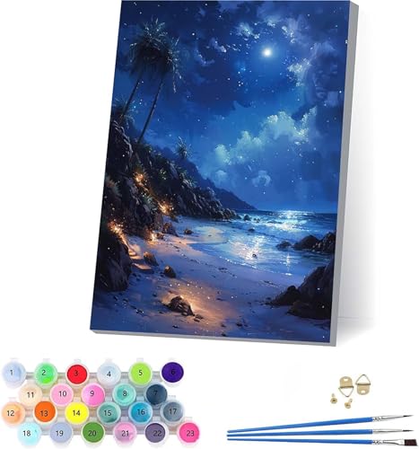 Mond Malen Nach Zahlen Erwachsene Mit Rahmen, Malen Nach Zahlen Landschaft, DIY Set Erwachsene Mit 3 Pinseln und Acrylfarbe Knitterfreie Leinwand, Paint by Numbers für Deko Wohnzimmer 50x65cm 8-1723 von KUEAJIOU