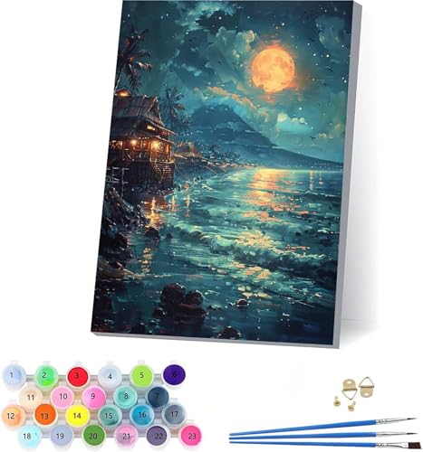 Mond Malen Nach Zahlen Erwachsene Mit Rahmen, Malen Nach Zahlen Ozean, DIY Set Erwachsene Mit 3 Pinseln und Acrylfarbe, Paint by Numbers für Deko Wohnzimmer, Geschenke für Frauen 40x50cm D-6387 von KUEAJIOU