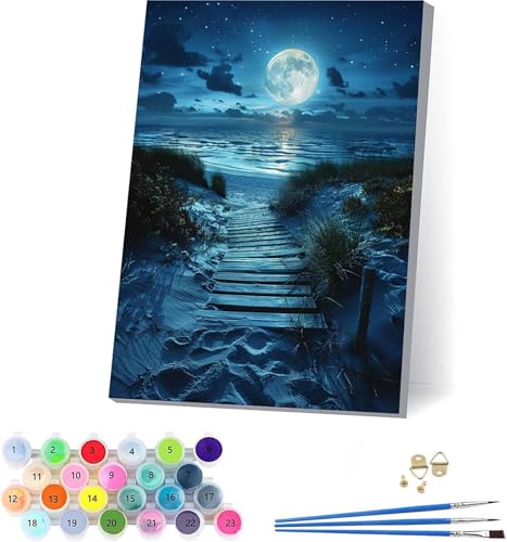Mond Malen Nach Zahlen Erwachsene Mit Rahmen, Malen Nach Zahlen Ozean, DIY Set Erwachsene Mit 3 Pinseln und Acrylfarbe, Paint by Numbers für Deko Wohnzimmer, Geschenke für Frauen 50x65cm 7-7977 von KUEAJIOU