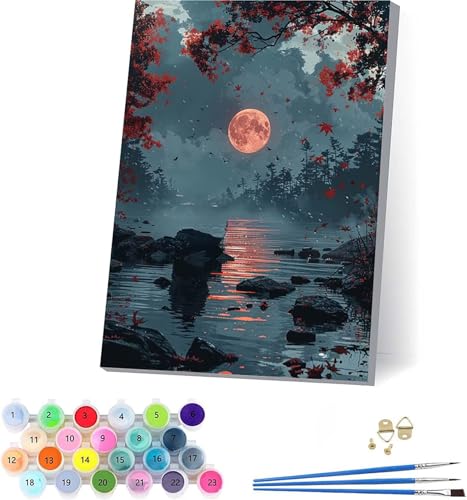Mond Malen Nach Zahlen Erwachsene Mit Rahmen, Malen Nach Zahlen Rivers, DIY Set Erwachsene Mit 3 Pinseln und Acrylfarbe Knitterfreie Leinwand, Paint by Numbers für Deko Wohnzimmer 40x50cm 1-2853 von KUEAJIOU