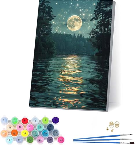 Mond Malen Nach Zahlen Erwachsene Mit Rahmen, Malen Nach Zahlen Rivers, DIY Set Erwachsene Mit 3 Pinseln und Acrylfarbe Knitterfreie Leinwand, Paint by Numbers für Deko Wohnzimmer 70x95cm R-5638 von KUEAJIOU