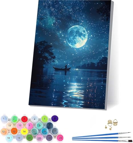 Mond Malen Nach Zahlen Erwachsene Mit Rahmen, Malen Nach Zahlen Sternenhimmel, DIY Set Erwachsene Mit 3 Pinseln und Acrylfarbe Knitterfreie Leinwand, Deko Wohnzimmer und Wanddeko 30x40cm U-2321 von KUEAJIOU