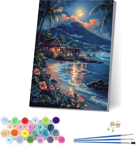 Mond Malen Nach Zahlen Erwachsene Mit Rahmen, Malen Nach Zahlen Strand, DIY Set Erwachsene Mit 3 Pinseln und Acrylfarbe, Paint by Numbers für Deko Wohnzimmer, Geschenke für Frauen 100x130cm 6-6677 von KUEAJIOU