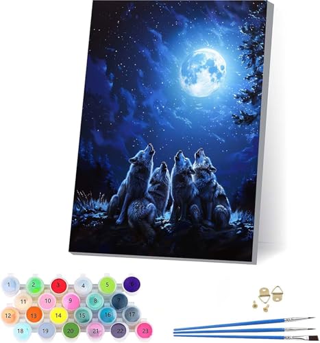 Mond Malen Nach Zahlen Erwachsene Mit Rahmen, Malen Nach Zahlen Wolf, DIY Set Erwachsene Mit 3 Pinseln und Acrylfarbe, Paint by Numbers für Deko Wohnzimmer, Geschenke für Frauen 70x95cm 4-6944 von KUEAJIOU