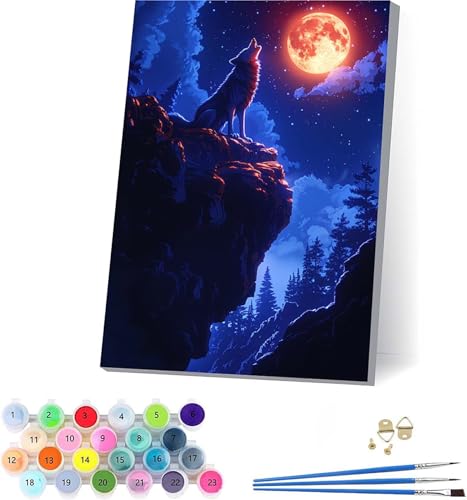Mond Malen Nach Zahlen Erwachsene Mit Rahmen, Malen Nach Zahlen Wolf, DIY Set Erwachsene Mit 3 Pinseln und Acrylfarbe Knitterfreie Leinwand, Paint by Numbers für Deko Wohnzimmer 40x50cm 2-8459 von KUEAJIOU