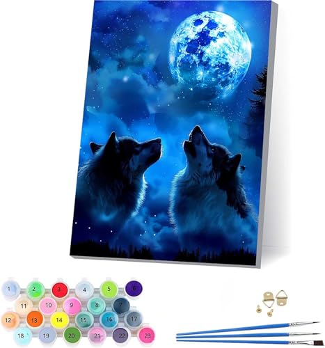 Mond Malen Nach Zahlen Erwachsene Mit Rahmen, Malen Nach Zahlen Wolf, DIY Set Erwachsene Mit 3 Pinseln und Acrylfarbe Knitterfreie Leinwand, Paint by Numbers für Deko Wohnzimmer 70x95cm 3-6928 von KUEAJIOU