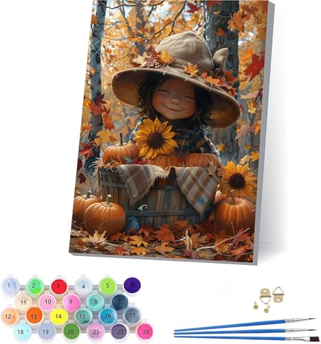 Niedlich Malen Nach Zahlen Erwachsene Mit Rahmen, Malen Nach Zahlen KüRbis, DIY Set Erwachsene Mit 3 Pinseln und Acrylfarbe Knitterfreie Leinwand, Paint by Numbers für Deko Wohnzimmer 70x95cm 2-6548 von KUEAJIOU