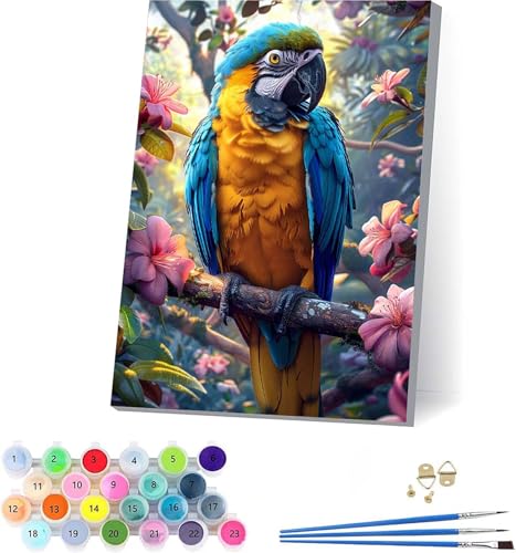 Papagei Malen Nach Zahlen Erwachsene Mit Rahmen, Malen Nach Zahlen Blume, DIY Set Erwachsene Mit 3 Pinseln und Acrylfarbe, Paint by Numbers für Deko Wohnzimmer, Geschenke für Frauen 70x95cm S-8907 von KUEAJIOU