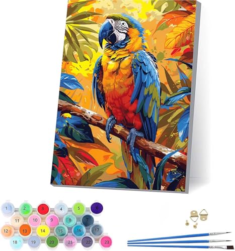 Papagei Malen Nach Zahlen Erwachsene Mit Rahmen, Malen Nach Zahlen Pflanzen, DIY Set Erwachsene Mit 3 Pinseln und Acrylfarbe, Paint by Numbers für Deko Wohnzimmer, Geschenke für Frauen 70x95cm I-8914 von KUEAJIOU