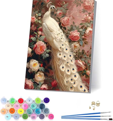 Pfau Malen Nach Zahlen Erwachsene Mit Rahmen, Malen Nach Zahlen Blume, DIY Set Erwachsene Mit 3 Pinseln und Acrylfarbe, Paint by Numbers für Deko Wohnzimmer, Geschenke für Frauen 70x95cm 0-3283 von KUEAJIOU