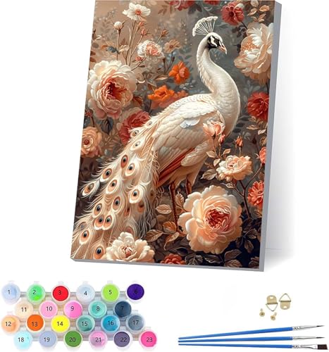 Pfau Malen Nach Zahlen Erwachsene Mit Rahmen, Malen Nach Zahlen Blume, DIY Set Erwachsene Mit 3 Pinseln und Acrylfarbe, Paint by Numbers für Deko Wohnzimmer, Geschenke für Frauen 70x95cm 5-2859 von KUEAJIOU