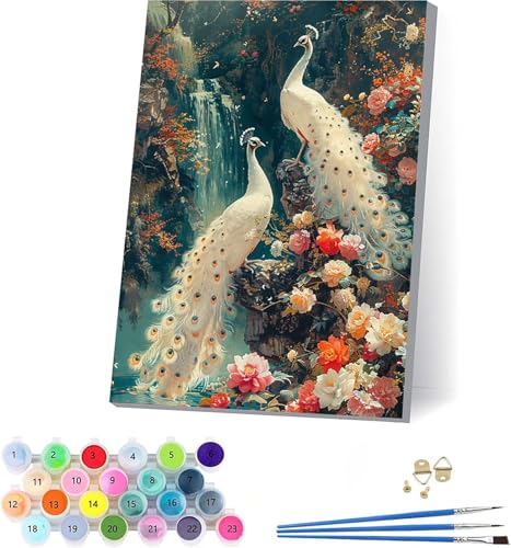 Pfau Malen Nach Zahlen Erwachsene Mit Rahmen, Malen Nach Zahlen Rivers, DIY Set Erwachsene Mit 3 Pinseln und Acrylfarbe Knitterfreie Leinwand, Paint by Numbers für Deko Wohnzimmer 70x95cm 6-2609 von KUEAJIOU