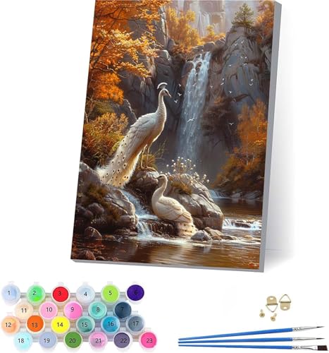 Pfau Malen Nach Zahlen Erwachsene Mit Rahmen, Malen Nach Zahlen Rivers, DIY Set Erwachsene Mit 3 Pinseln und Acrylfarbe Knitterfreie Leinwand, Paint by Numbers für Deko Wohnzimmer 70x95cm K-9157 von KUEAJIOU